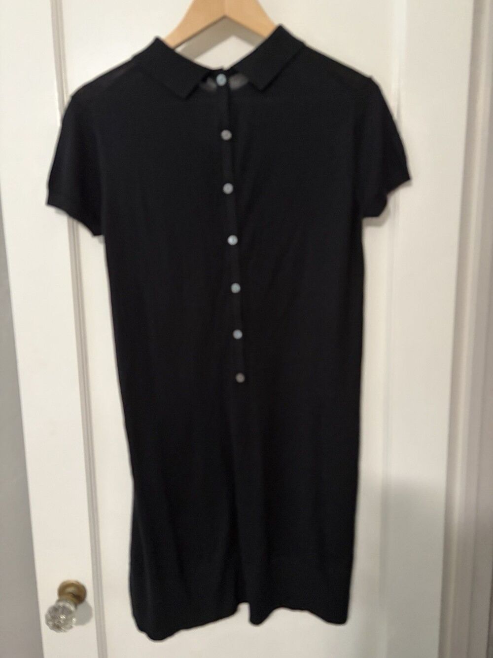 Lacoste Silk Blend Shift Dress Black Logo Front Back Buttons Small 36 Preppy
